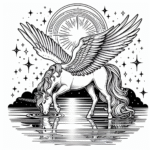 Coloring page of a unicorn, celestial spirit drinking from a crystal lake