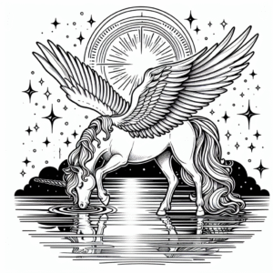 Coloring page of a unicorn, celestial spirit drinking from a crystal lake