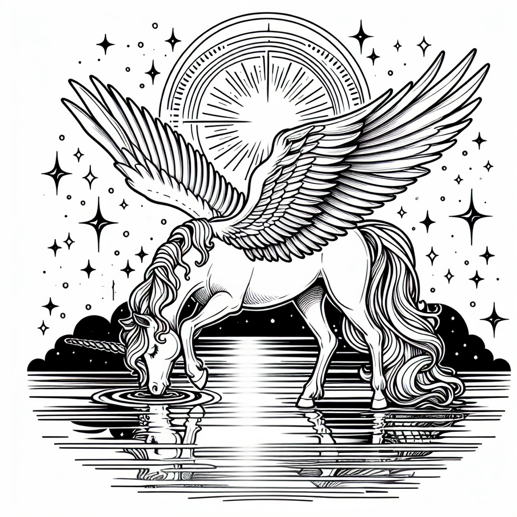 Coloring page of a unicorn, celestial spirit drinking from a crystal lake