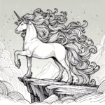 Page à colorier d’une licorne, destrier de rêve se tenant sur une falaise