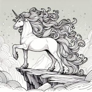 Coloring page of a unicorn, dream steed standing on a cliff