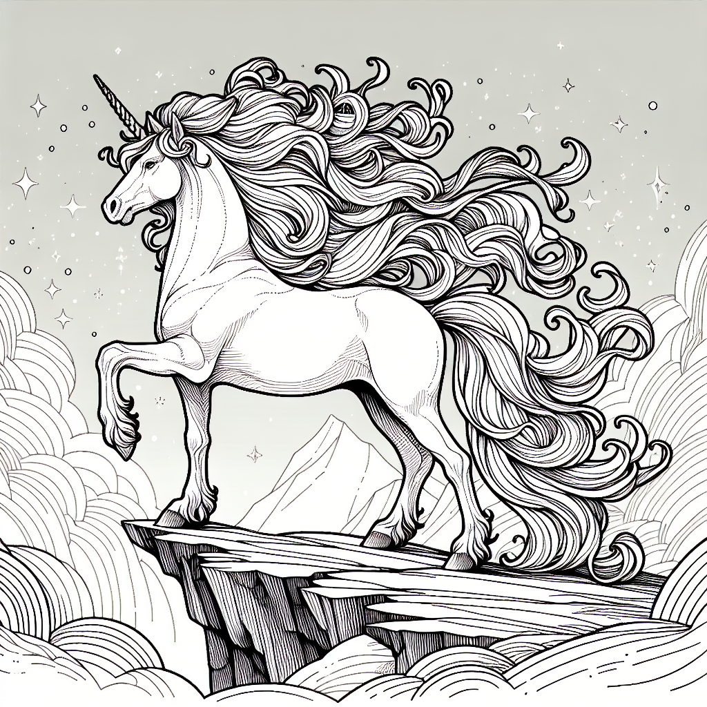 Coloring page of a unicorn, dream steed standing on a cliff