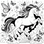 Page à colorier d’une licorne, ami fantastique jouant avec des papillons