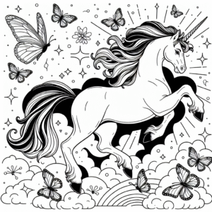 Coloring page of a unicorn, fantasy friend playing with butterflies