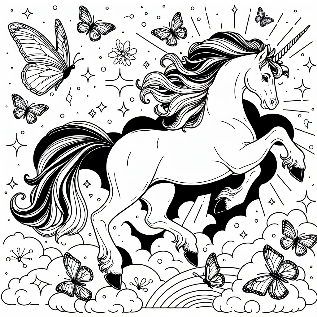 Coloring page of a unicorn, fantasy friend playing with butterflies