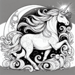 Page de coloriage d’une licorne, gardienne des rêves posant avec grâce