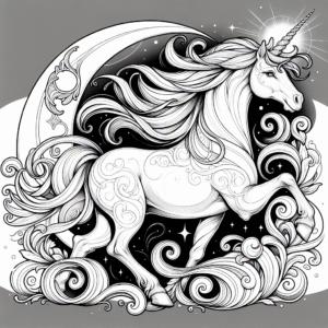 Coloring page of a unicorn, guardian of dreams posing gracefully
