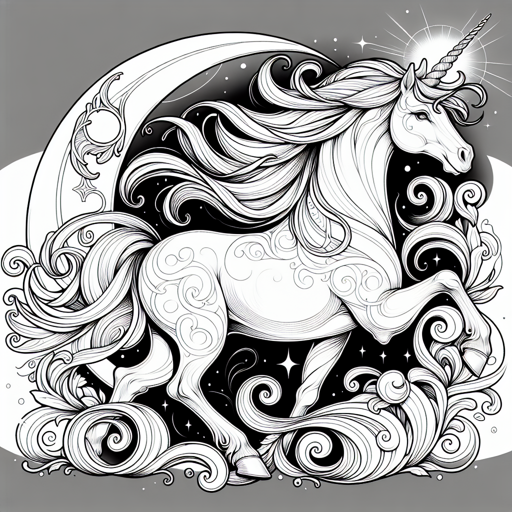 Coloring page of a unicorn, guardian of dreams posing gracefully