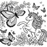 Page à colorier d’une licorne, gardienne de la forêt jouant avec des papillons