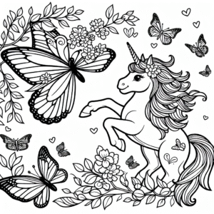 Coloring page of a unicorn, guardian of the forest playing with butterflies
