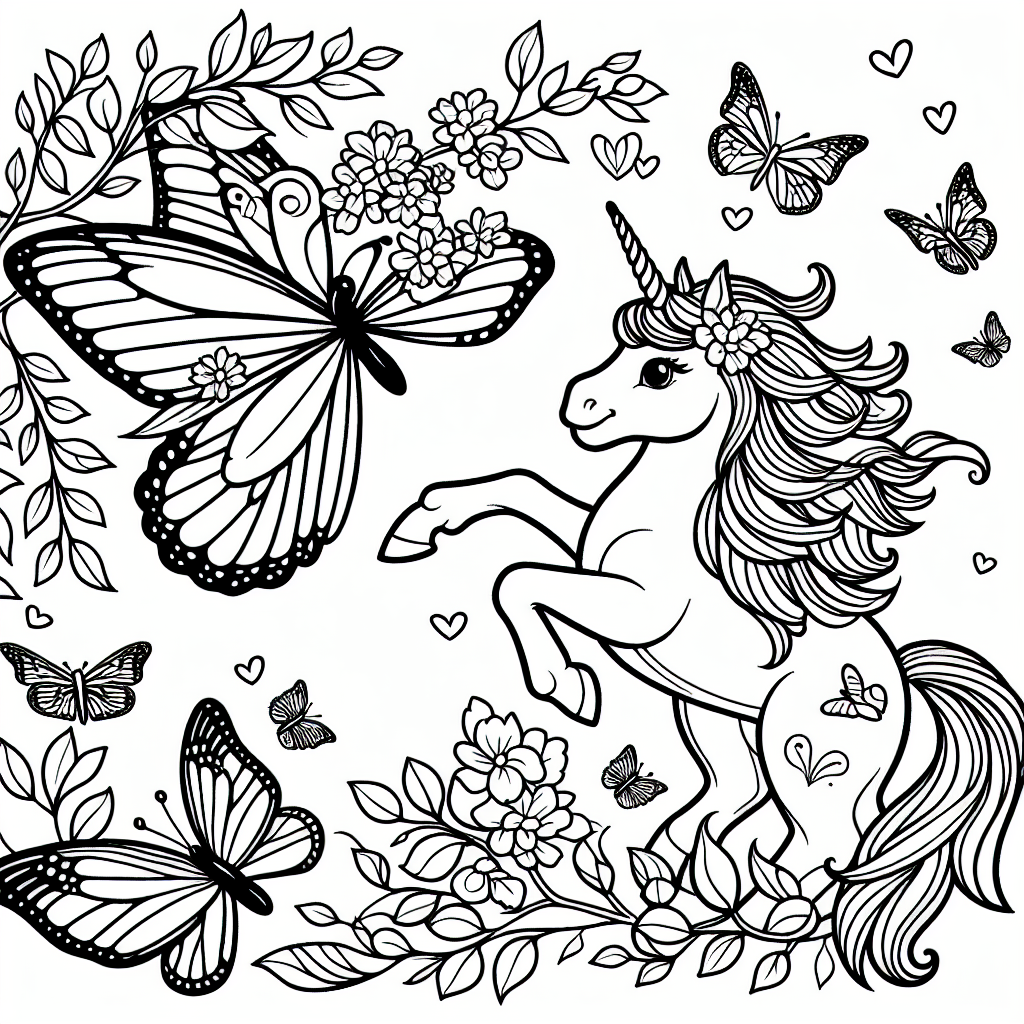 Coloring page of a unicorn, guardian of the forest playing with butterflies