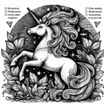 Coloring page of a unicorn, guardian of the forest rearing majestically