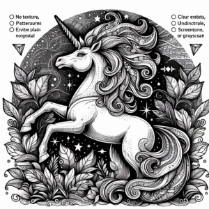Coloring page of a unicorn, guardian of the forest rearing majestically