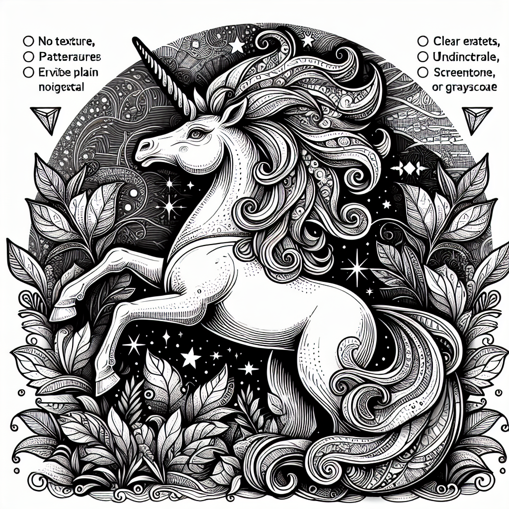 Page de coloriage d'une licorne, gardienne de la forêt se cabrant majestueusement