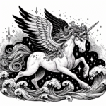 Coloring page of a unicorn, magical being running in the waves