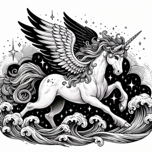 Coloring page of a unicorn, magical being running in the waves