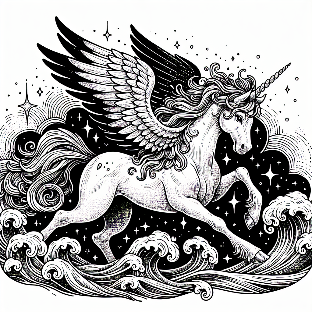 Page à colorier d'une licorne, être magique courant dans les vagues
