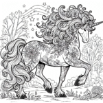 Page à colorier d’une licorne, créature majestueuse errant dans une forêt enchantée