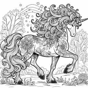Coloring page of a unicorn, majestic creature wandering through an enchanted forest