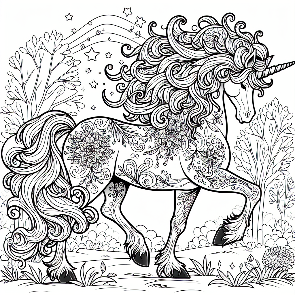 Coloring page of a unicorn, majestic creature wandering through an enchanted forest
