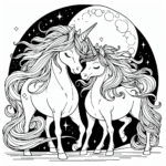 Page à colorier d’une licorne, vagabonde au clair de lune câlinant une autre licorne