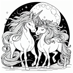 Coloring page of a unicorn, moonlight wanderer nuzzling another unicorn