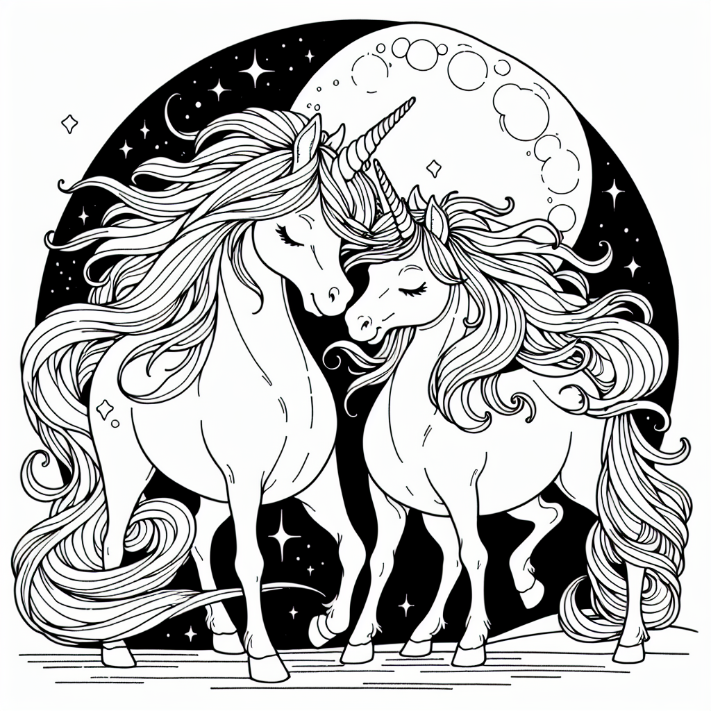 Coloring page of a unicorn, moonlight wanderer nuzzling another unicorn