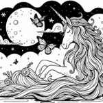 Page de coloriage d’une licorne, vagabond de clair de lune jouant avec des papillons