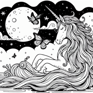 Coloring page of a unicorn, moonlight wanderer playing with butterflies