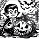 Page à colorier d'un enfant vampire, porteur de costume sculptant une citrouille d'Halloween Coloring page of a vampire kid, costume wearer carving a jack-o-lantern
