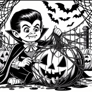 Coloring page of a vampire kid, costume wearer carving a jack-o-lantern