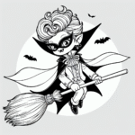 Coloring page of a vampire kid, costume wearer flying on a broom