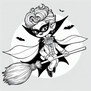 Coloring page of a vampire kid, costume wearer flying on a broom