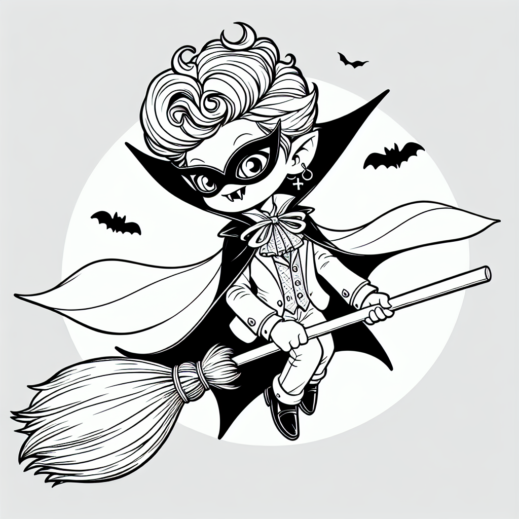 Page de coloriage d'un enfant vampire, porteur de costume volant sur un balai