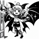 Coloring page of a vampire kid, magical sorcerer ringing a doorbell
