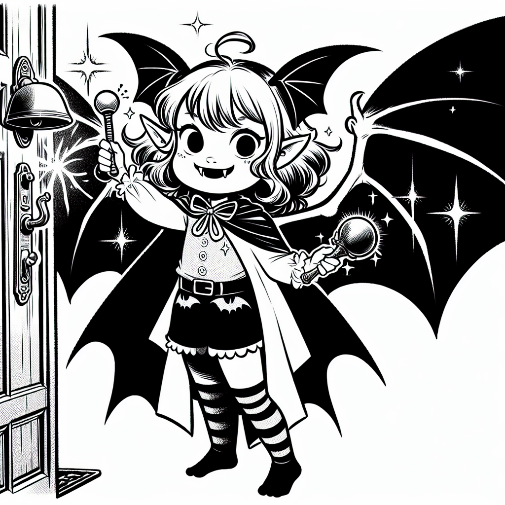 Coloring page of a vampire kid, magical sorcerer ringing a doorbell