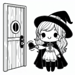 Coloring page of a witch, haunted house dweller ringing a doorbell