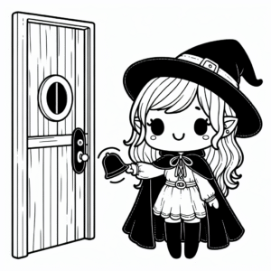 Coloring page of a witch, haunted house dweller ringing a doorbell