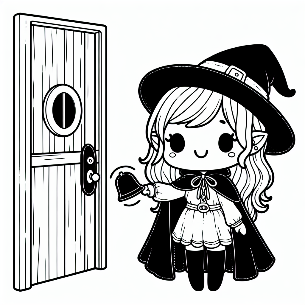 Coloring page of a witch, haunted house dweller ringing a doorbell