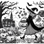 Page à colorier d’une sorcière, sculpteur de citrouilles traversant un cimetière