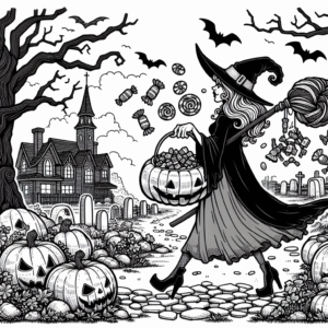 Coloring page of a witch, pumpkin carver walking through a graveyard