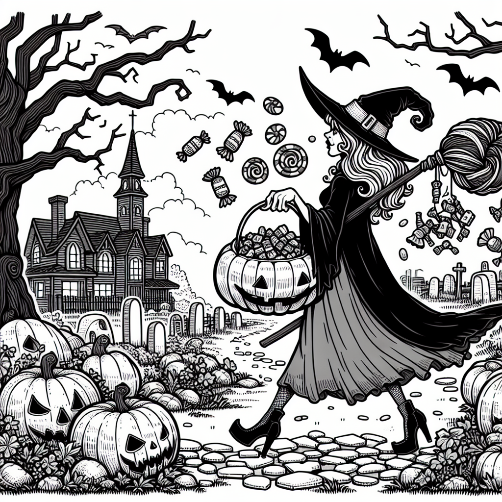 Coloring page of a witch, pumpkin carver walking through a graveyard