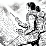 Page à colorier d’une femme aventurière, enquêtrice de ruines, escaladant une colline