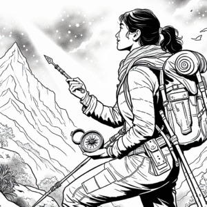 Coloring page of a woman adventurer, ruins investigator climbing a hill