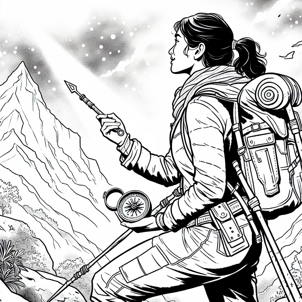 Coloring page of a woman adventurer, ruins investigator climbing a hill