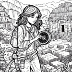 Coloring page of a woman treasure seeker, ruins investigator digging near old ruins