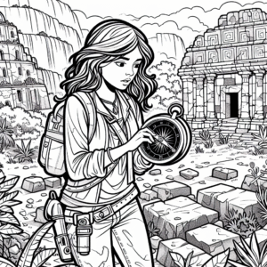 Coloring page of a woman treasure seeker, ruins investigator digging near old ruins