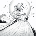 Page de coloriage d’une jeune reine, charmante dirigeante chantant au clair de lune