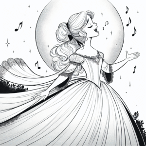 Coloring page of a young queen, charming leader singing in the moonlight