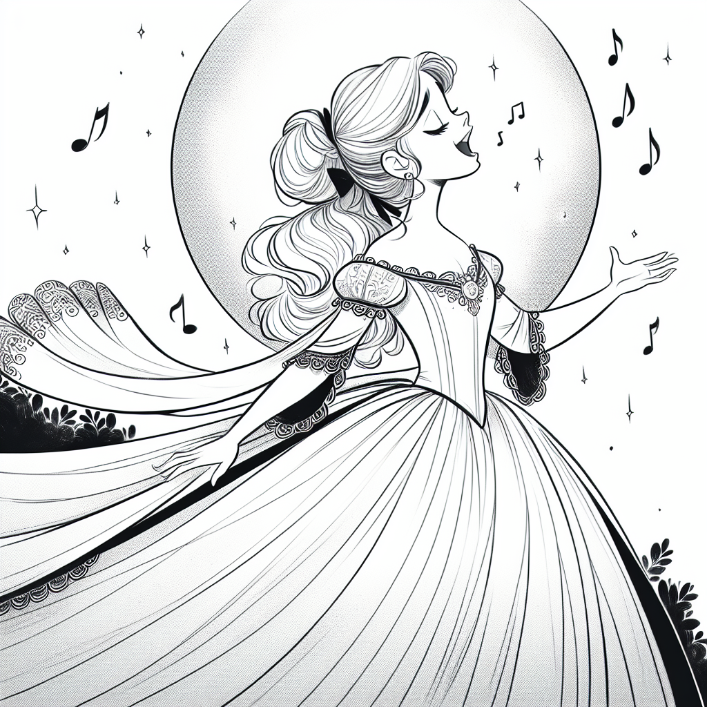 Coloring page of a young queen, charming leader singing in the moonlight